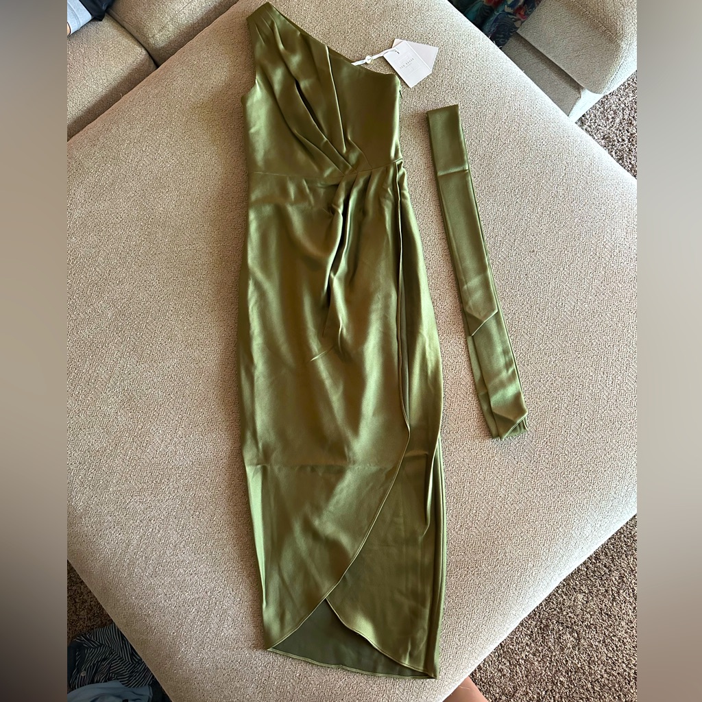 Khaki Green Ted Baker One Shoulder Satin Slit Dress. Size 0. Never Worn.